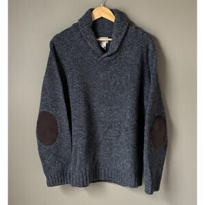 Vintage L.L. Bean Mens XL Sweater Wool Gray Lambswool Shawl Collar Elbow Patch